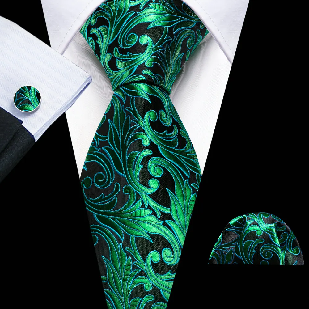 Elegant Green Men Ties High Quality Silk Woven Handkerchief Cufflinks Sets Groom Wedding Party Birthday Barry.Wang Designer 6470