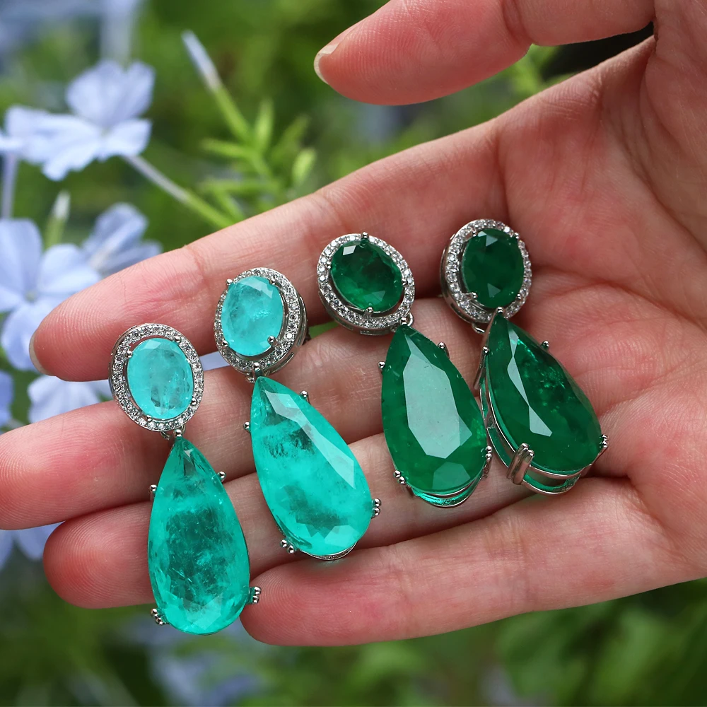 EYIKA Luxury Silver Color Paraiba Tourmaline Green Fusion Stone Big Pear Shape Drop Earrings For Women Party Fine Jewelry Giifts