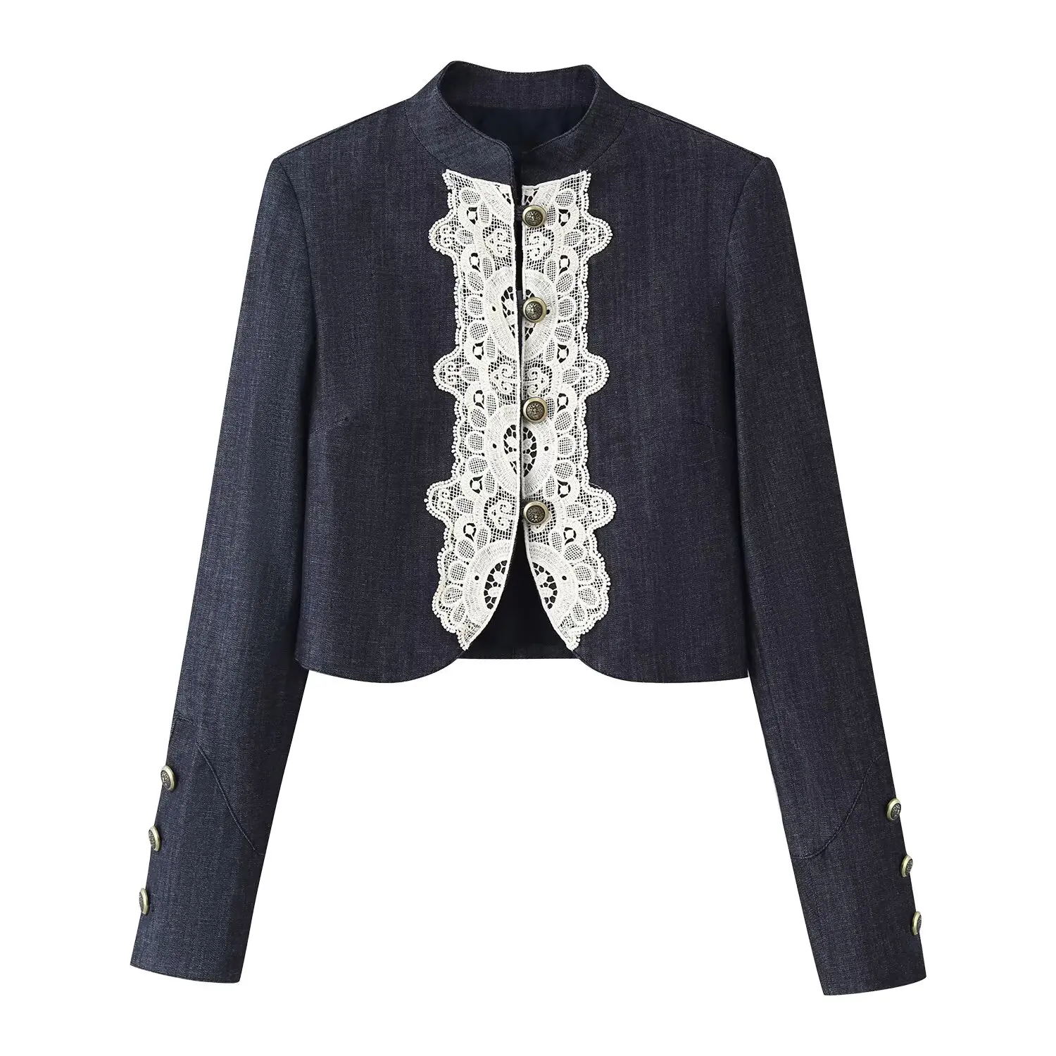 BSAY 2026 Women's Elegant Mandarin Collar Lace Spliced Cropped Jacket Button Decor High Waist Wide Leg Shorts Two Piece Outfit view 2