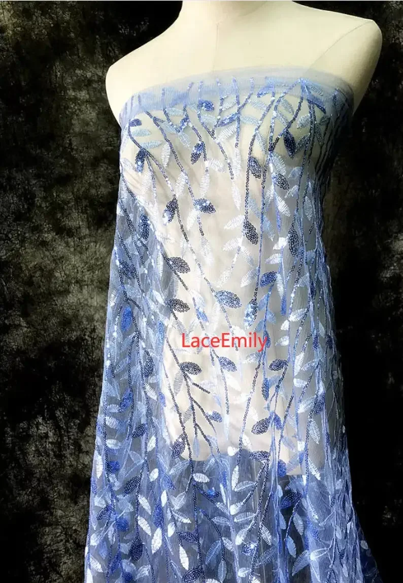 Tessuto di pizzo ricamato con paillettes foglia oro champagne foglie di paillettes tulle morbido per abito da sposa abito da ragazza 1 metro