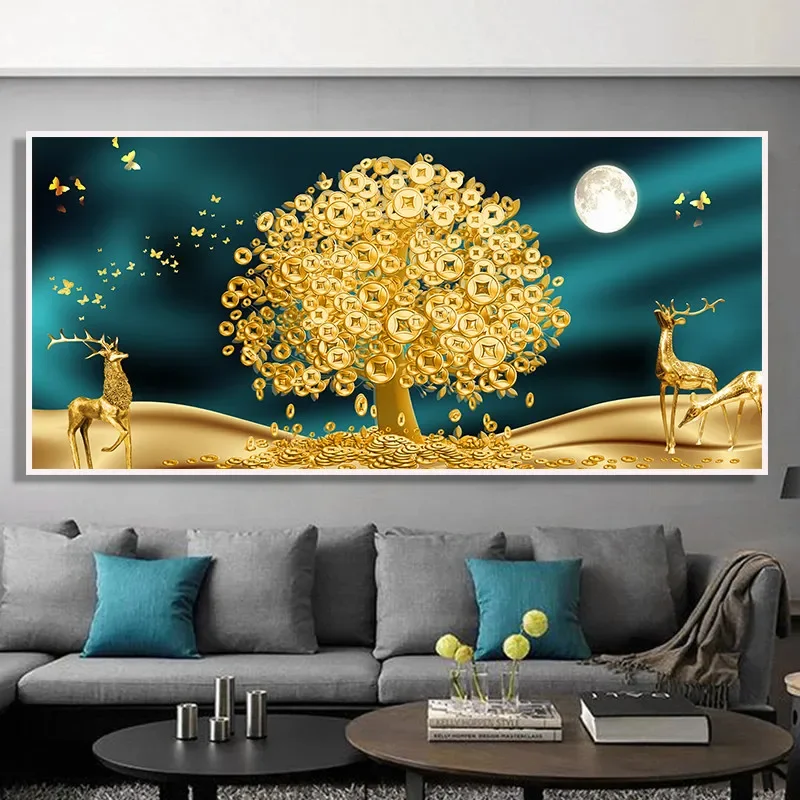 Large Luxury Lucky Gold Money Tree Canvas Painting Printing Floral Plant Painting Deer and Golden Leaf Poster Large Home Decor