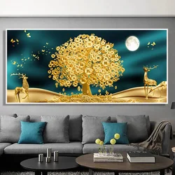 Large Luxury Lucky Gold Money Tree Canvas Painting Printing Floral Plant Painting Deer and Golden Leaf Poster Large Home Decor