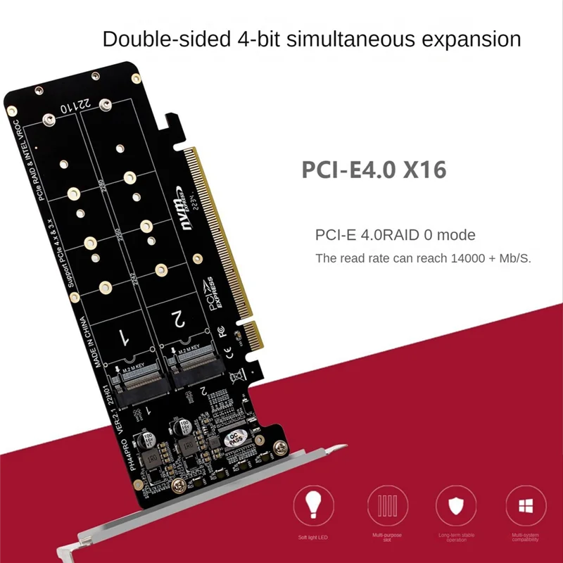 PCIe 4.0 dual-Disk PCIeX16กับ M.2 M-Key NVMe SSD การ์ดขยายรองรับ4 NVMe M.2 M คีย์ SSD 2280