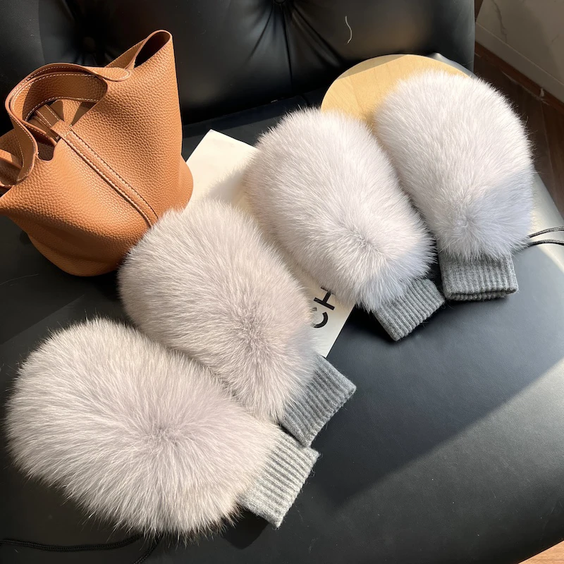 Brand New Women Genuine Woollen Fox Fur Covered Fashio Winter Gloves Mittens real fox fur luva fur glove