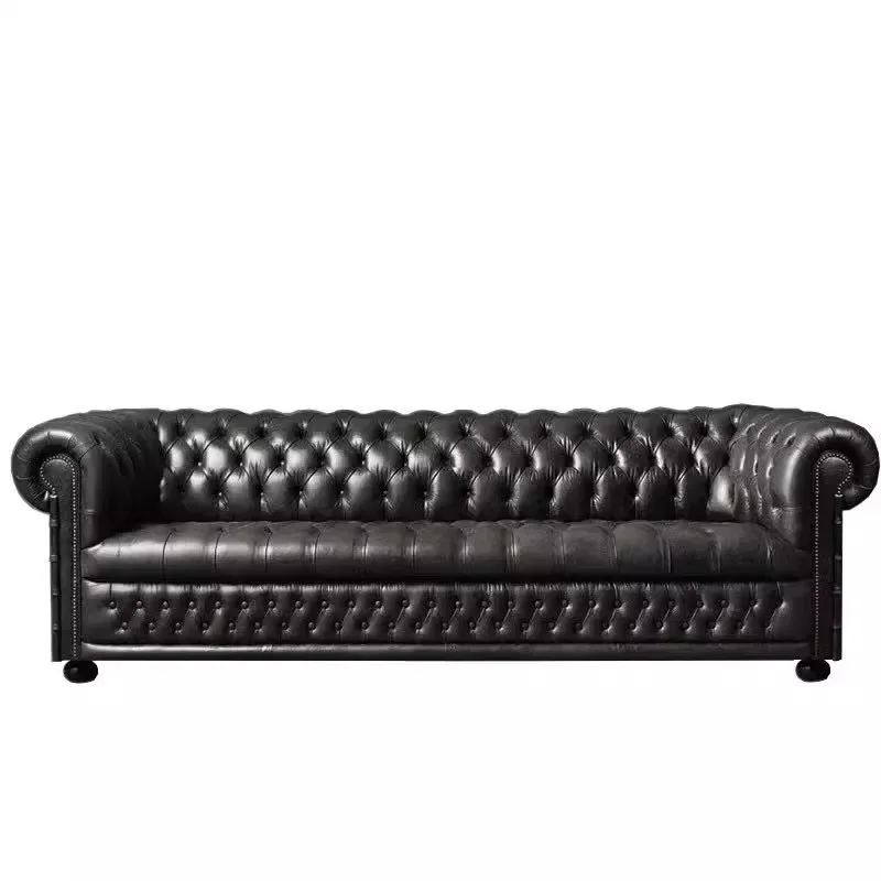 American leather sofa, in-line row of three top layer cowhide retro oil wax leather pull buttons, large and small