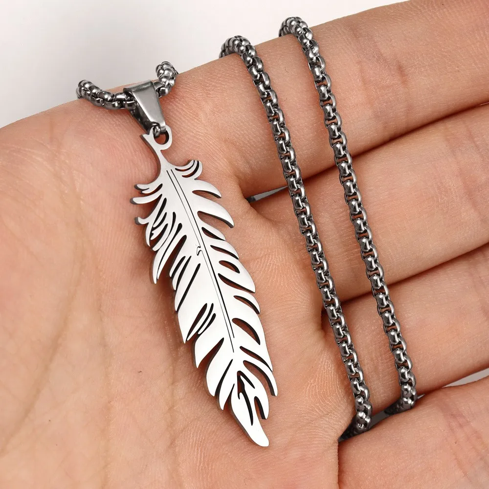 Trend Stainless Steel Feather Pendant Necklace Charm Men\'s Necklace New Fashion Hip Hop Punk Jewelry Accessories Gift Wholesale