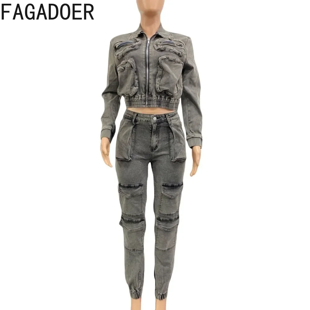 FAGADOER Fashion Denim Two Piece Set for Women Y2k Streetwear Lapel Zip Crop Jacket And Cargo Pockets Stretchy Jeans Outfits