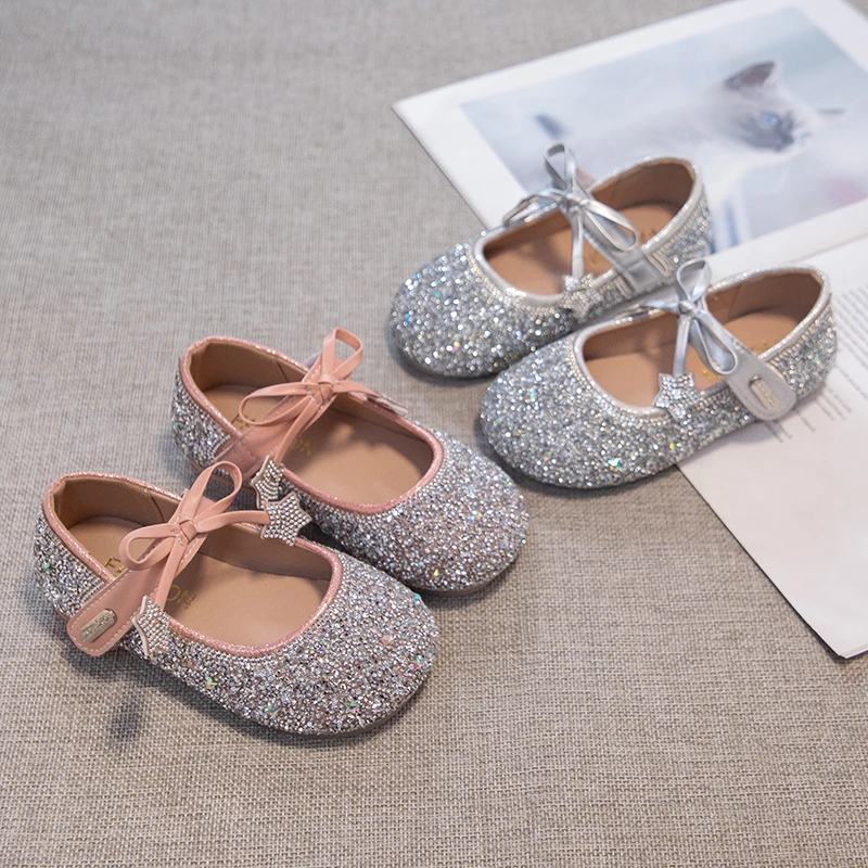 

First Walker Girls Sparkly Sequins Leather Shoes 2026 New Summer Toddler Bow Detail Ballet Flats Soft Sole Trendy Princess Party