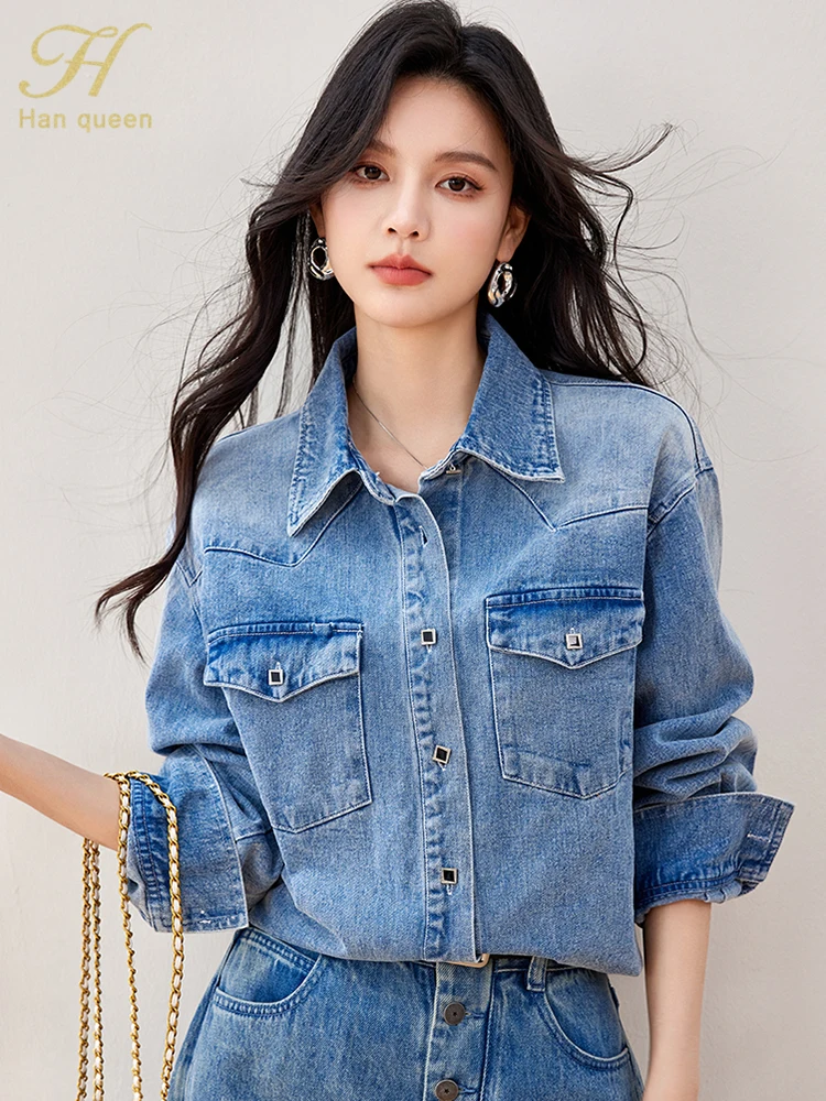 H Han Queen 2024 Autumn Winter Office Blusas Vintage Top Woman Clothing Simple Long Sleeve Basic Pocket Work Casual Denim Shirts