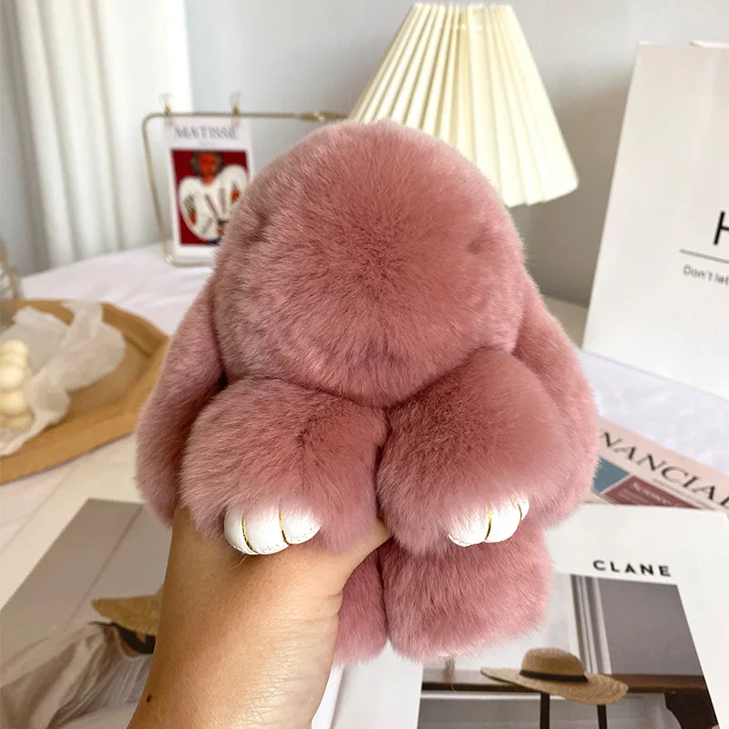 15cm Cute Fluffy Bunny Keychain Genuine Rex Rabbit Fur Key Chains For Women Bag Toys Doll Fluffy Pom Pom Lovely Pom Pom Keyring