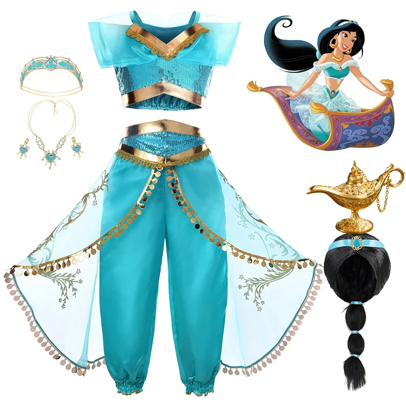 Disney-Costume de princesse Jasmine pour filles, ensemble de pantalons de lampe magique, vêtements de carnaval, costume de cosplay éducatif, fête d'anniversaire, Aladdin