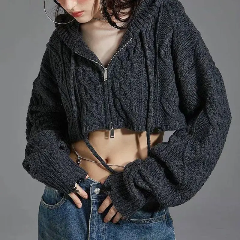 Short Sweaters Crop Hooded High Quality Zipper Vintage Women Korean Fashion Knitted Cardigan Loose Casual Knitwear Autumn Winter