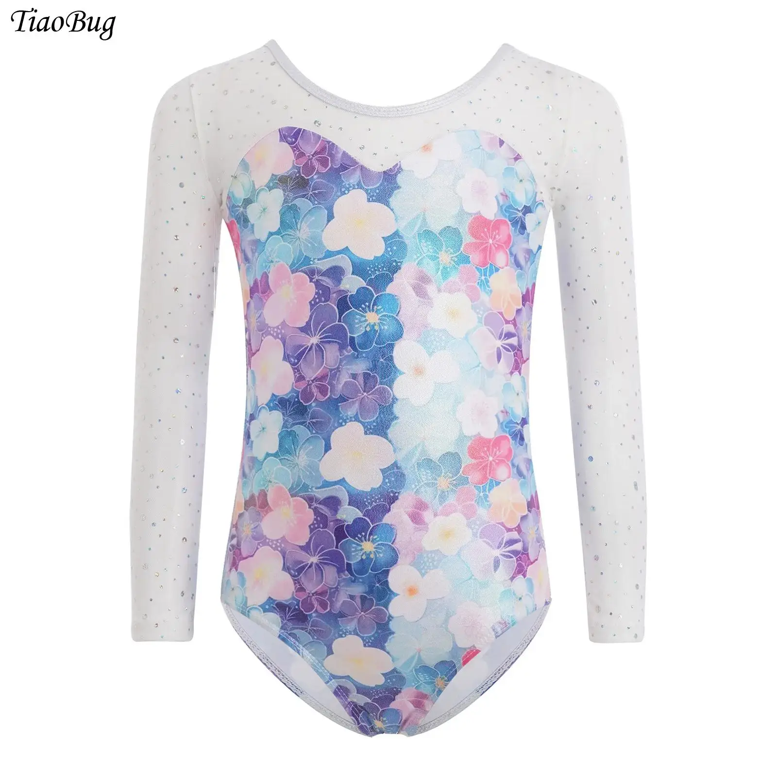 

Kids Girls Gymnastics Leotards Figure Skating Ballet Jumpsuit Long Sleeve Mesh Patchwork Sequin Metallic Printe Bodysuit