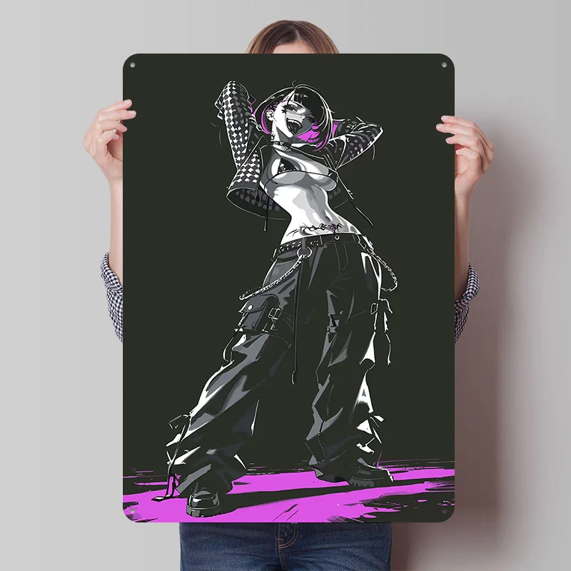 

Anime Girl in Punk Fashion Printed Poster Customized Retro Wall Art Vintage Metal Tin Signs for Bedroom Decoration Gaming House