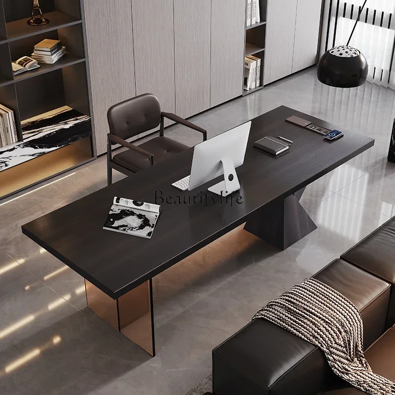 

03.Italian minimalist desk light luxury modern home living room sofa solid wood desk