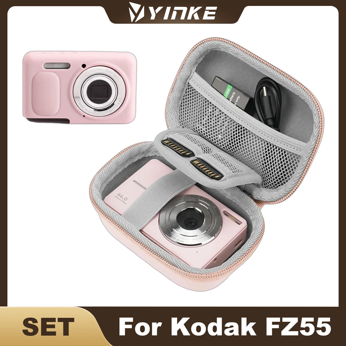 Yinke Pink Camera Case Silicone Cover Combo For KODAK PIXPRO FZ55 2-in-1 Shockproof EVA Bag Soft Protective Shell Set