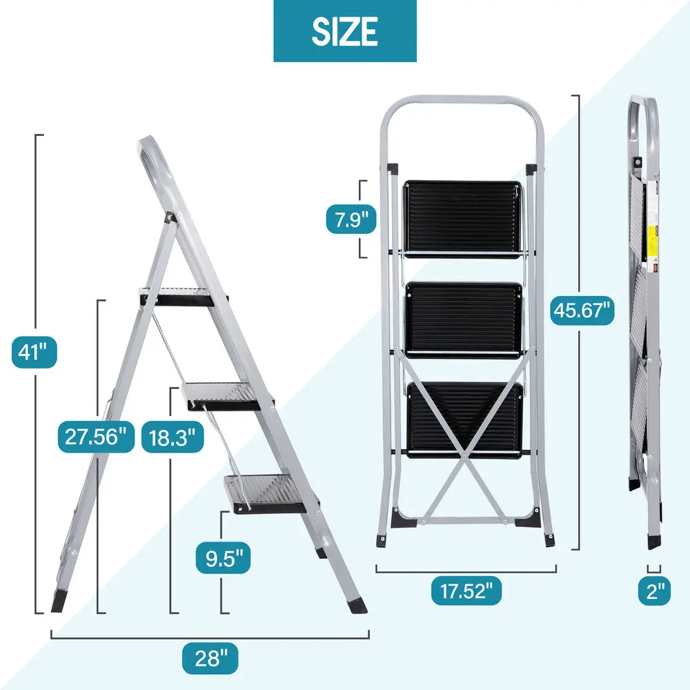 3 Step Ladder Folding Step Stool Ladder w/ Handgrip & Wide Pedal Home Indoor