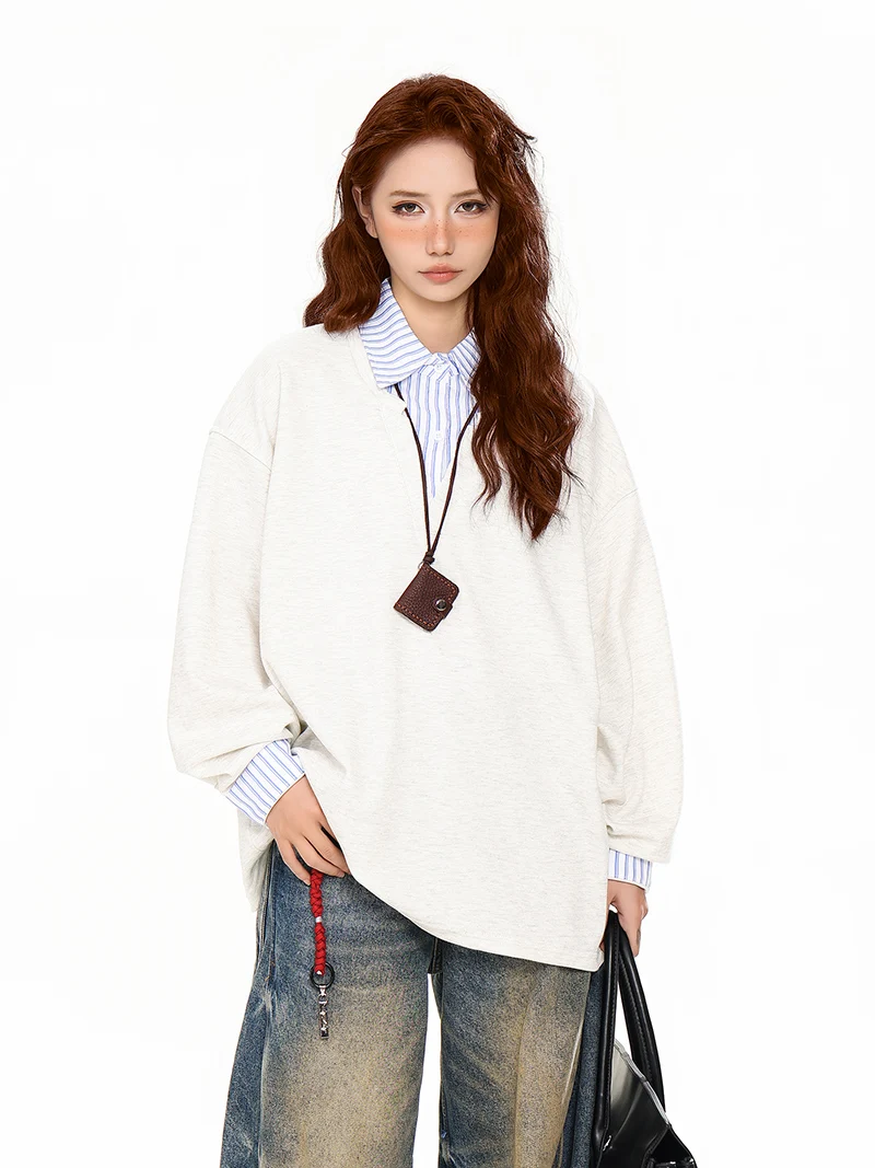 

Два свободных новых корейских шикарных женских пуловеров с воротником-поло, осенние каникулы, повседневные свободные модные женские пуловеры контрастного цвета