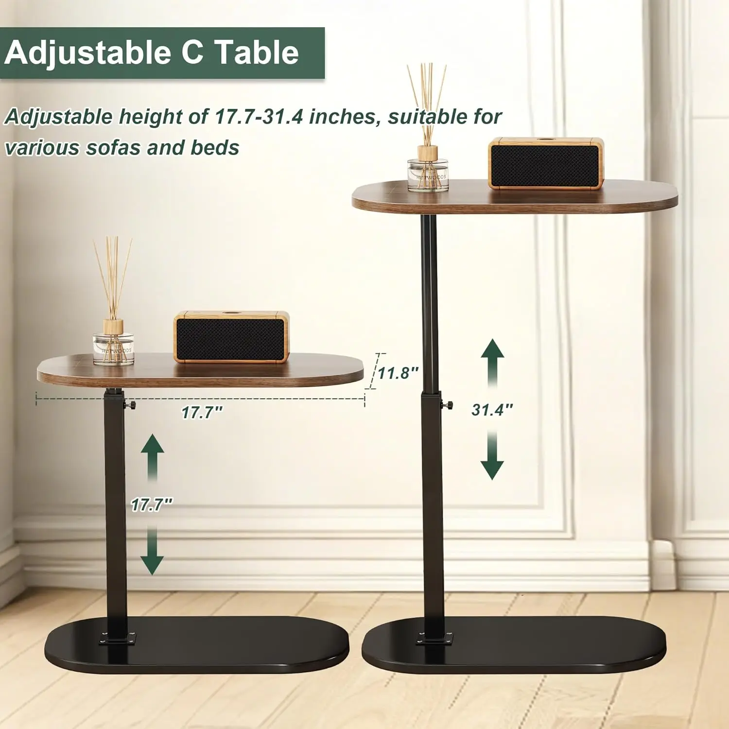 C Shaped End Table Adjustable Height, 360°Swivel Couch Table That Slide Under, Side Table for Bed Sofa, Coffee Tables