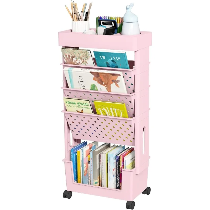 5-Tier Mobile Bookshelf, Rolling Bookcase Book Storage Rack, Movable File Folder Organizer Cart with Wheels for Home Study