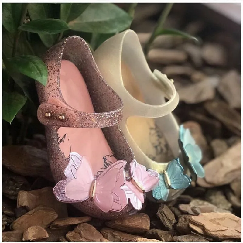 Hot Sale New 2024 Children's sparkle butterfly jelly shoes original mini princess beach sandals fashion PVC sequin shoes HMI039