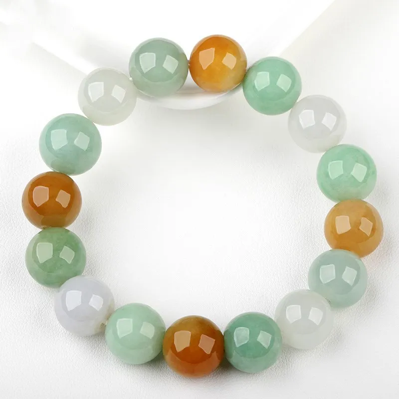 Natural Myanmar A- Level Ice Waxy Kinds Tri-Color round Beads Bracelet for Men and Women Send Certificate Jade Wholesa