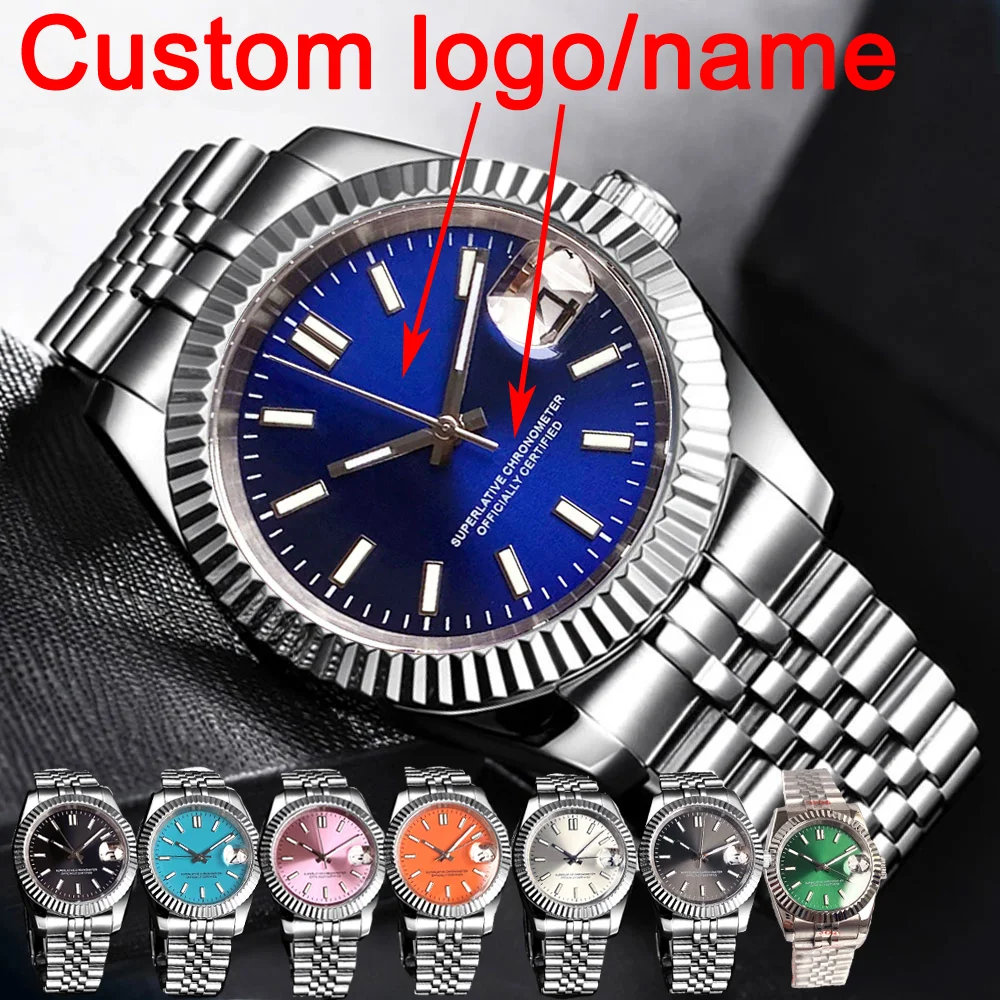 

Customized 36mm/39mm NH35 Watch For Men Lady Stick Indexes Sapphire Crystal Fluted Fixed Bezel Steel Bracelet Solid/Glass Back