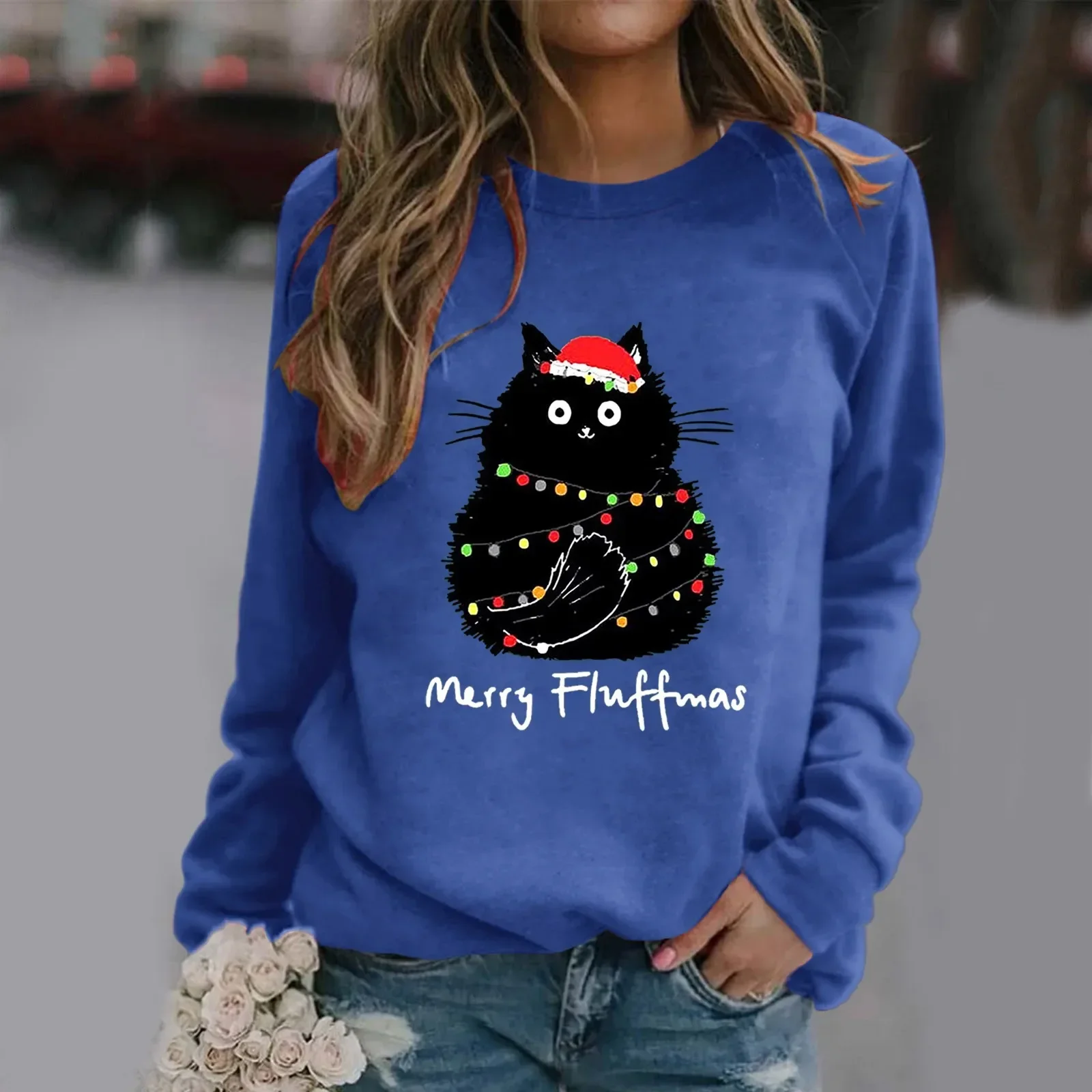 Weihnachten Damen T-Shirt Ugly Cat Print O Neck Sweatshirt Rundhals Fit Pullover Tops Langarm Weihnachten Hoodies Bluse weiblich