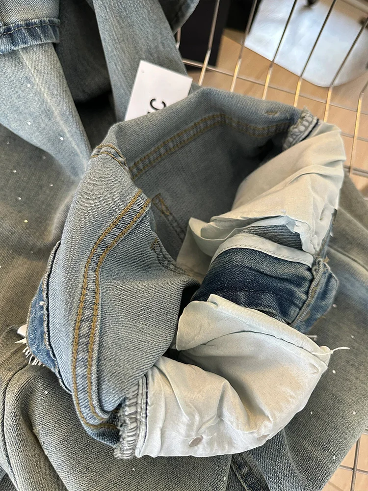 하이웨이스트 스트레이트 레그 다이아몬드 장식 레이스 허리 데님 청바지 여성용 가을 겨울 루즈핏 바닥 길이 바지