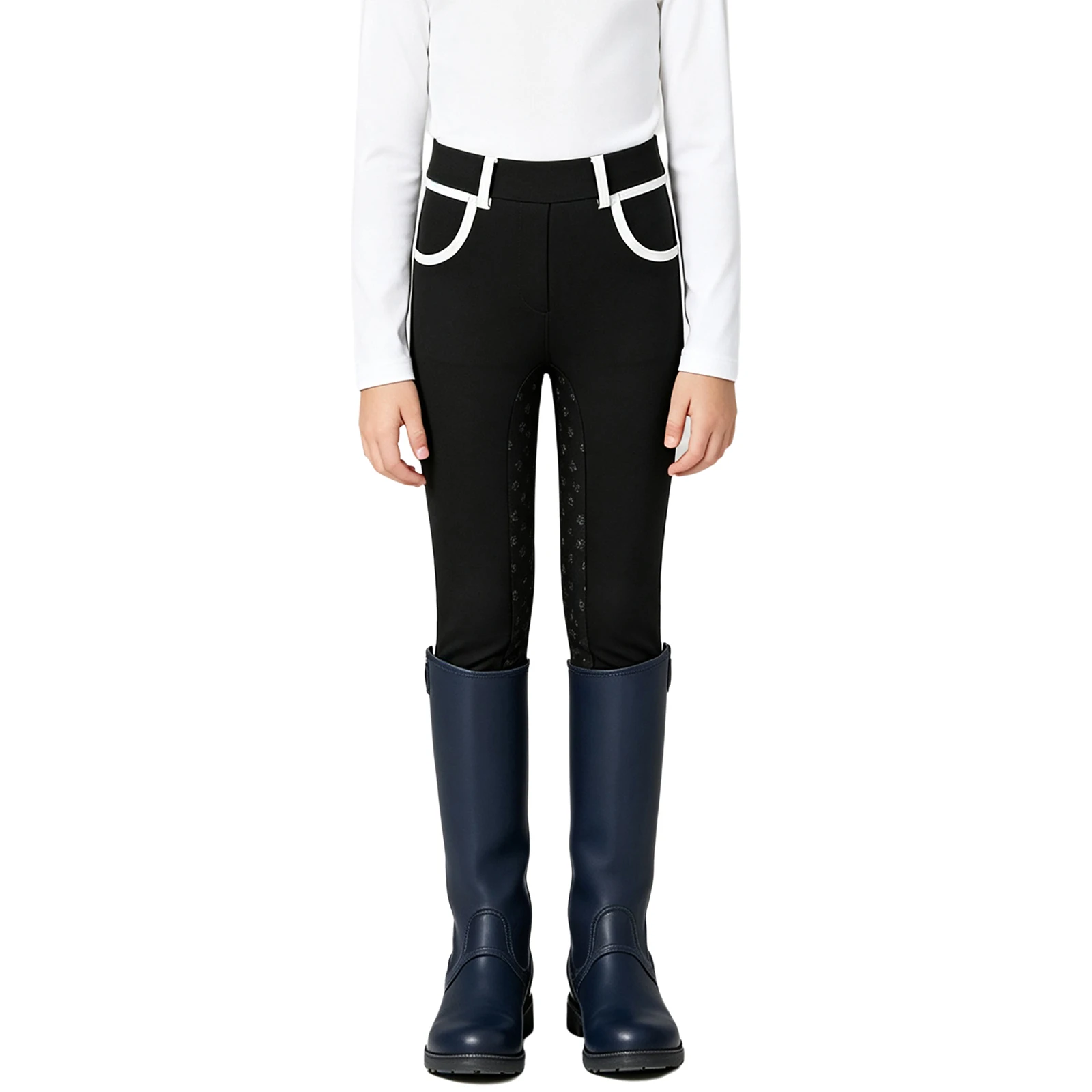 Kids Girls Horse Riding Pants Non-slip Full Seat Breeches Contrasting Trim Equestrian Leggings with Pockets Belt Loop