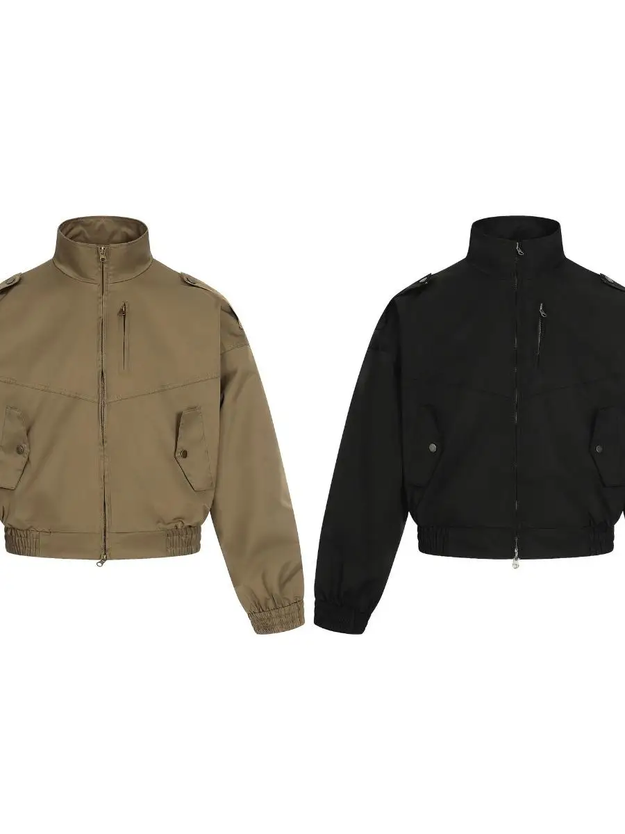 

Loose Fit Workwear Jaet Stand Collar Open Cardigan Khaki Color Men's Women's Street Sle Casual Loose Long Sve Top