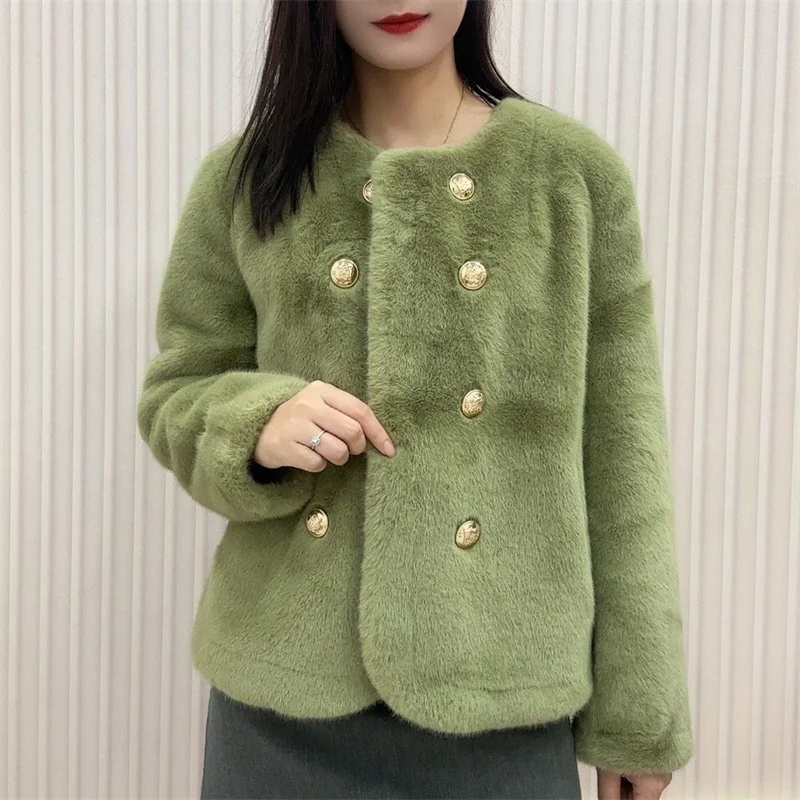 Streetwear Double-faced Fur Coat Women\'s Mink Velvet Short Jacket O-neck Double-breasted Pocket Faux Fur Fluff Outerwear Autumn