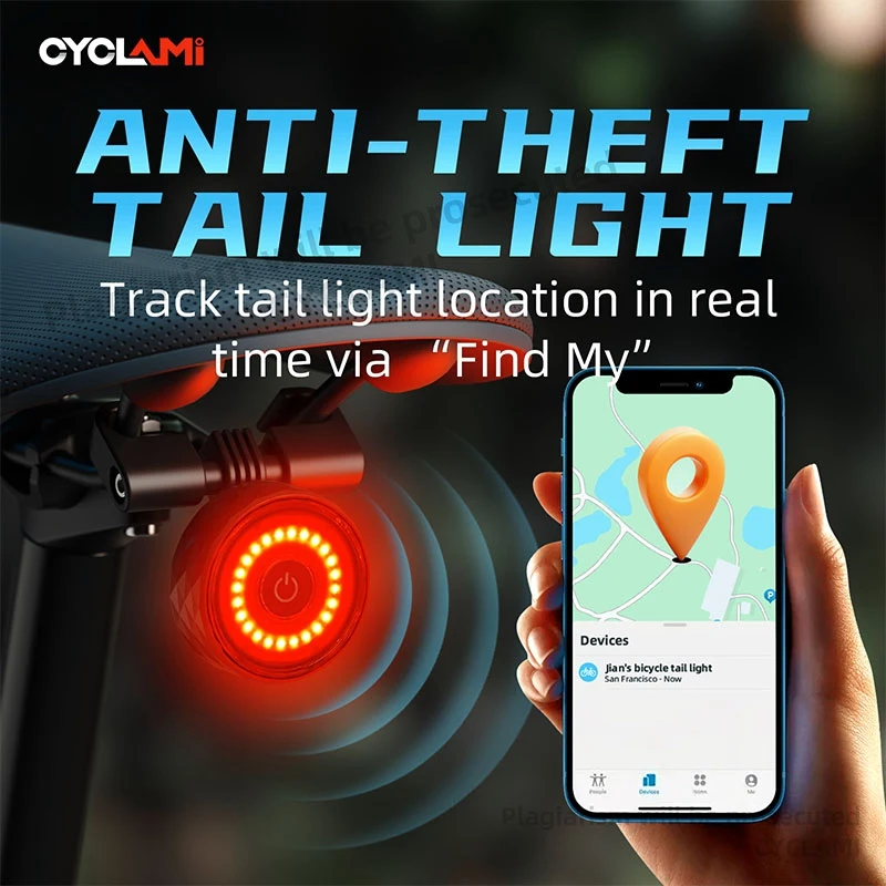CYCLAMI Bicycle Tail Light Anti-theft MTB Road Bike Rear Light IPX64 Waterproof Type-C Charging Taillight with GPS for Find My