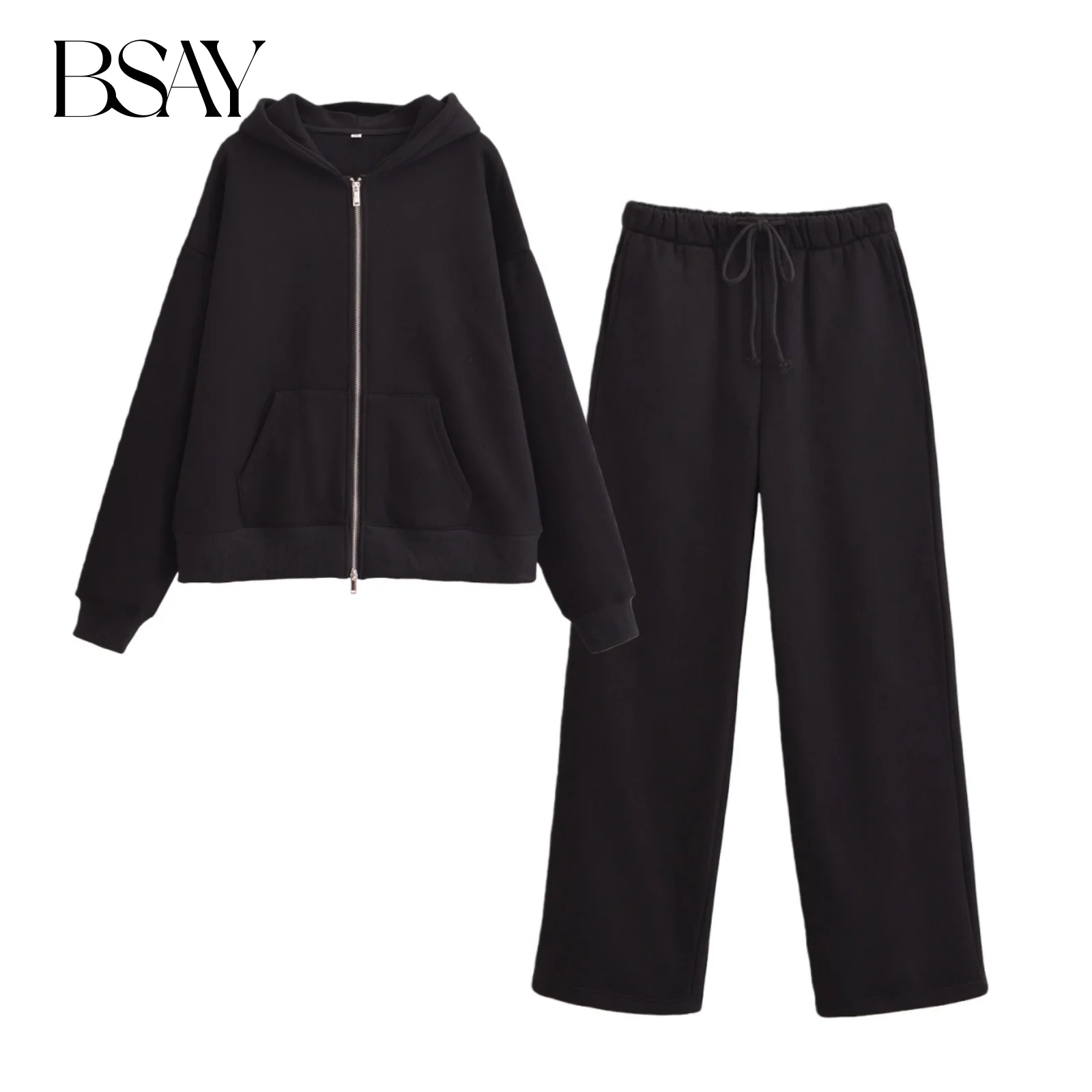 BSAY أزياء الخريف النسائية 2 قطع الصلبة طويلة الأكمام البريدي مقنعين البلوز سترة فضفاضة الإناث السراويل المستقيمة قطعتين مجموعة