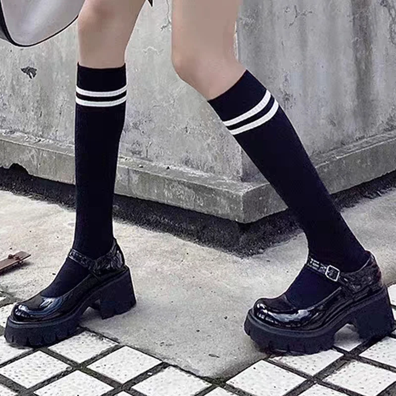 

JK Cotton Mid Tube Short The Knee Stockings Black White Striped Socks Women Japan Low Knee Thigh for Ladies Girl Warm Summer Sox