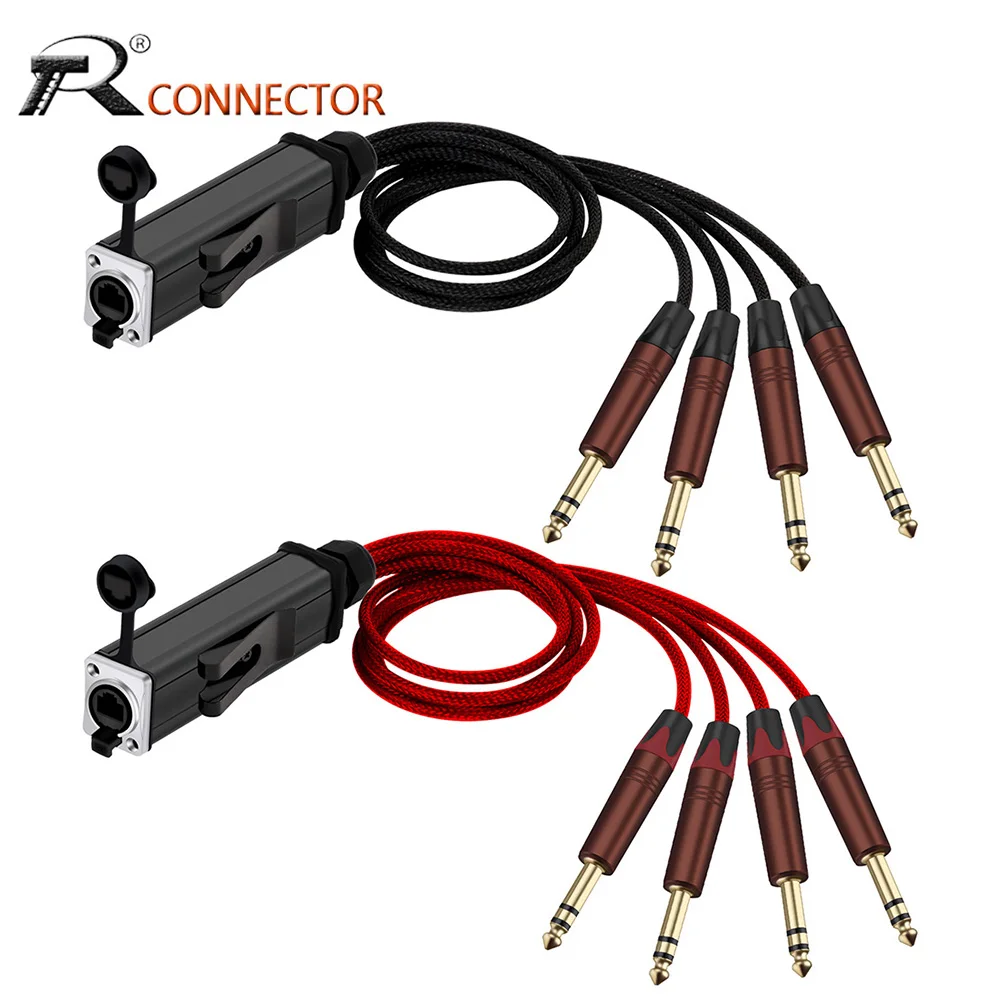 

New Design RJ45 CAT5 Female Network Converter to 4 Channel 6.35mm 3Pins Stereo Male Plug 1/4 Inch TRS MIC Audio Cable Extender