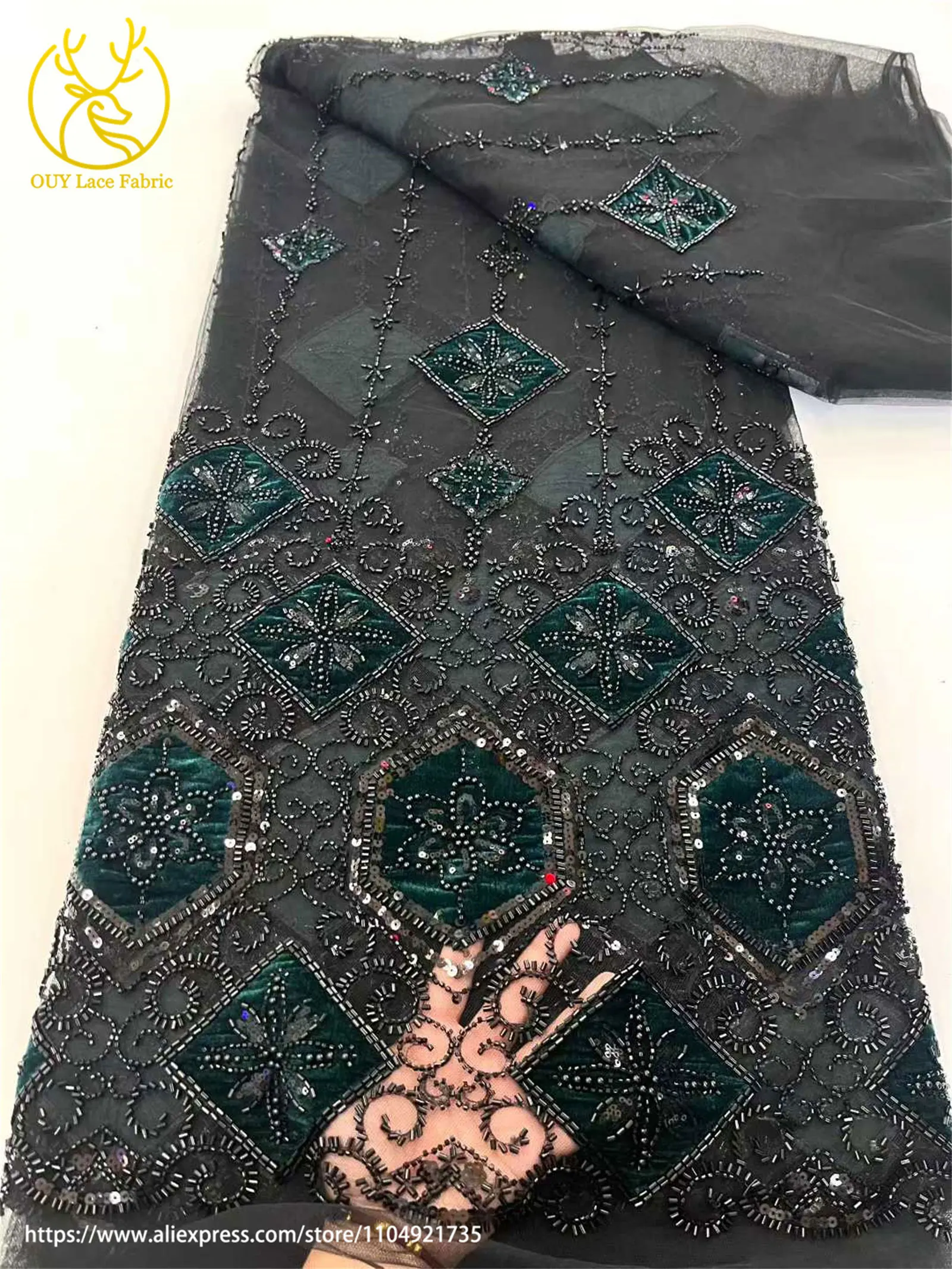 アフリカの豪華なベルベットビーズ刺繍レース生地2025フランス製スパンコールレース生地、女性用パーティーディナードレス縫製用5ヤード