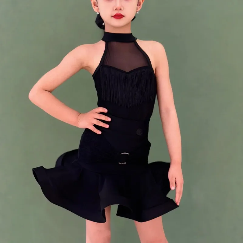 

Kids Girls Children Latin Dance Training Dress Sleeveless Mesh Bodysuit and Fishbone Double-layer Skirt Samba Ballroom Dancewear
