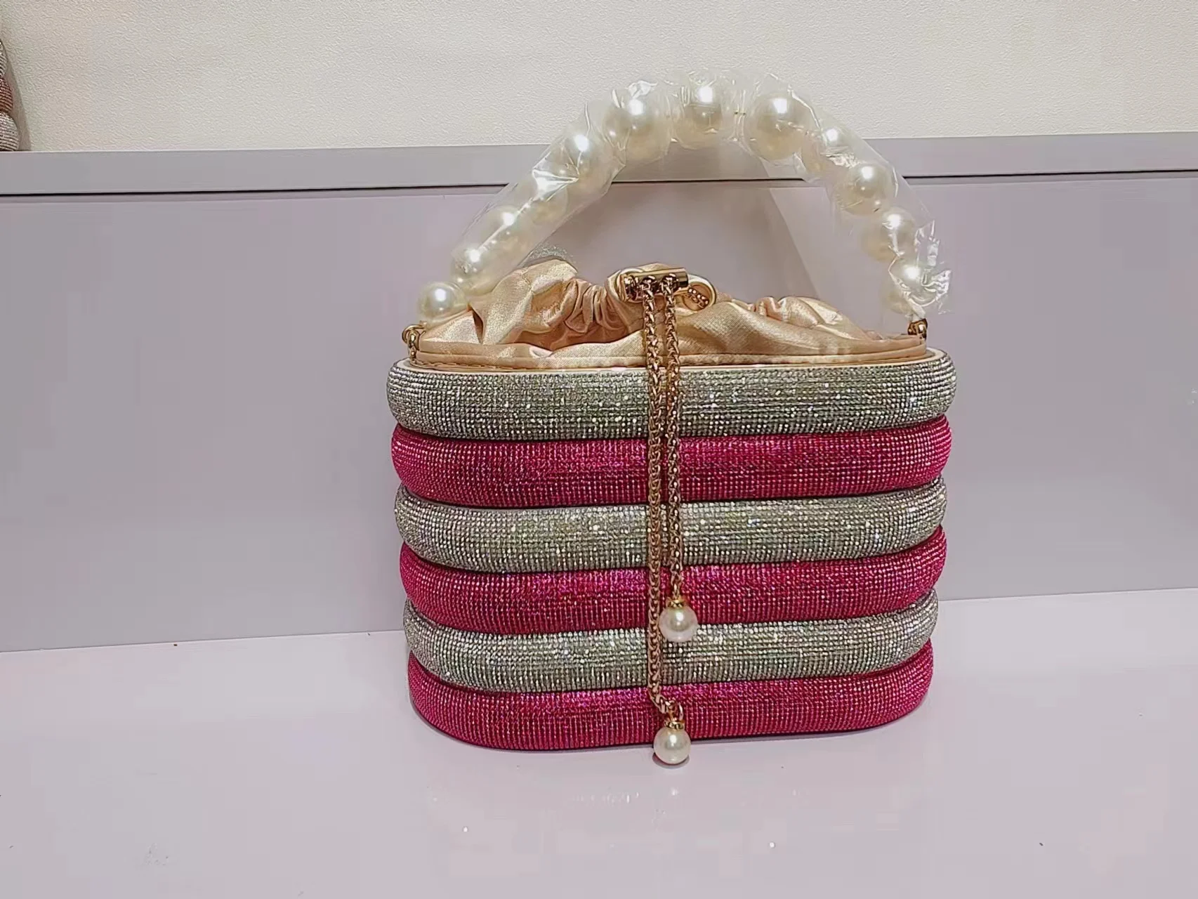 Imagem -02 - Designer de Luxo Glitter Brilhantes Diamantes Bolsa de Noite com Alça de Pérola para Mulheres Bolsa de Festa de Casamento Ombro Bolsa Crossbody