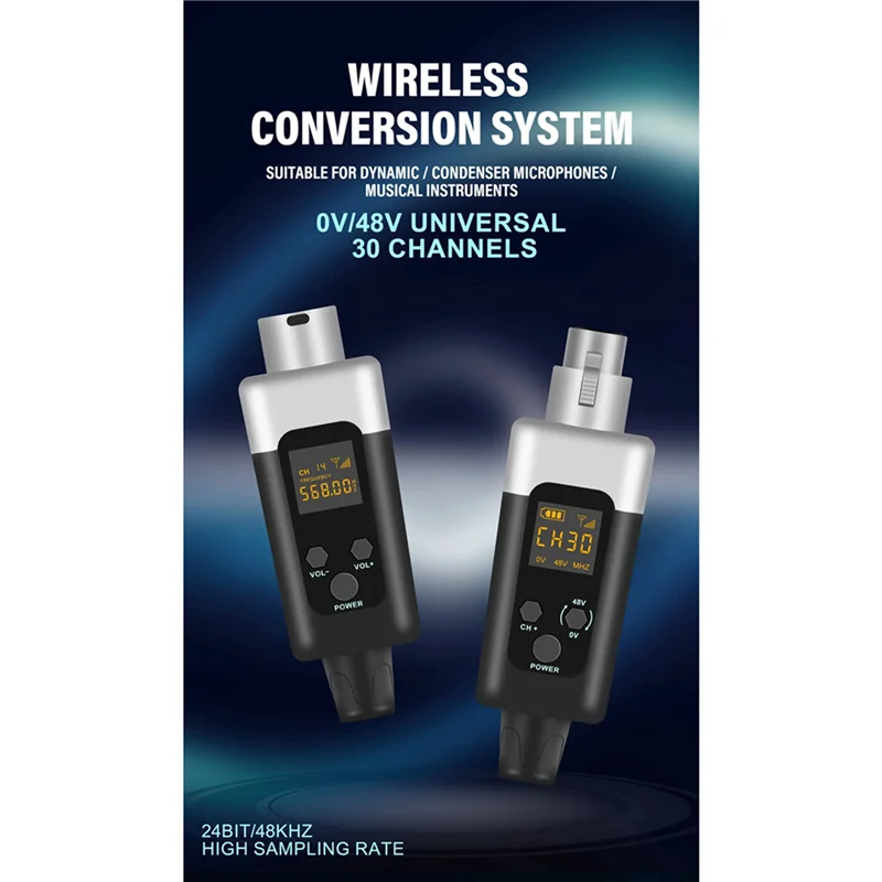 2X 0V/48V Microfono XLR wireless Trasmettitore e ricevitore Microfono Sistema wireless Ricaricabile-[Y03A]
