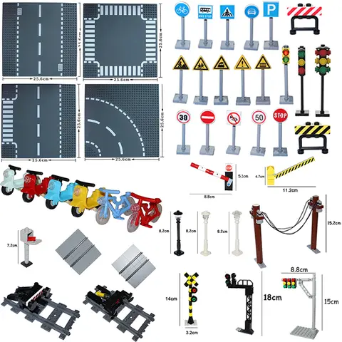MOC City Traffic Road Signs Signal Light Building Block Bike Bicycle Scooter Motorcycle Vehicle Scene Construction Accessories