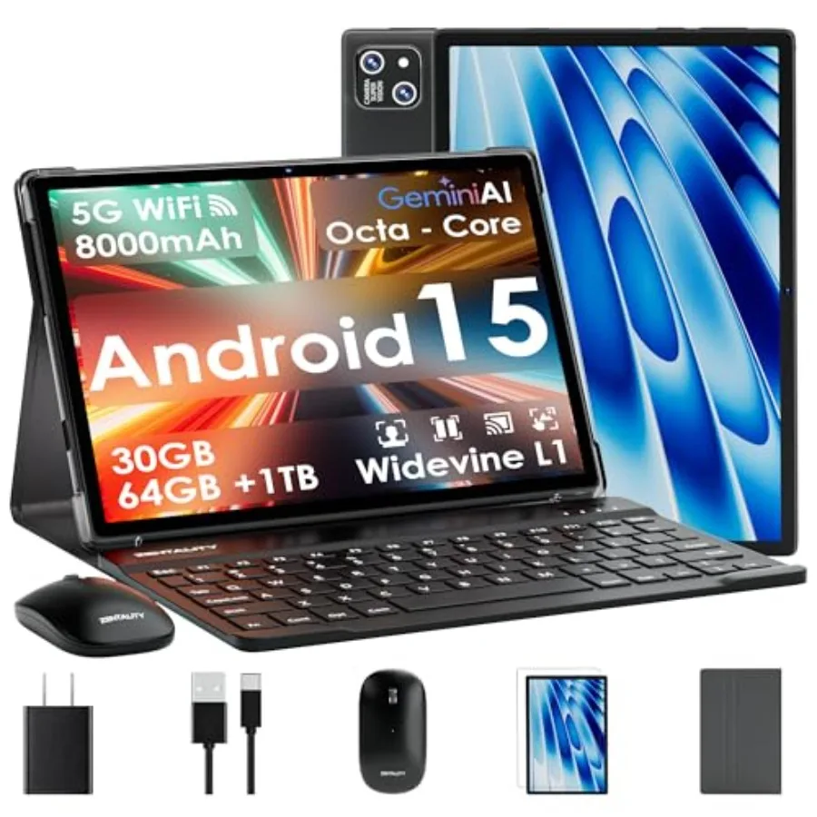 

10-дюймовый планшет Android 15 с клавиатурой, 30 ГБ ОЗУ + 64 ГБ ПЗУ, расширяемая память до 1 ТБ, IPS-дисплей, восьмиядерный процессор, 8000 мАч, Wi-Fi, BT 5.0, Gemini