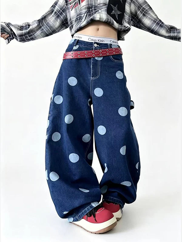 Calças Jeans Retro Americanas com Bolinhas e Bolso em Forma de Coração Unissex, Casuais, Largas e de Perna Larga para Homens ...