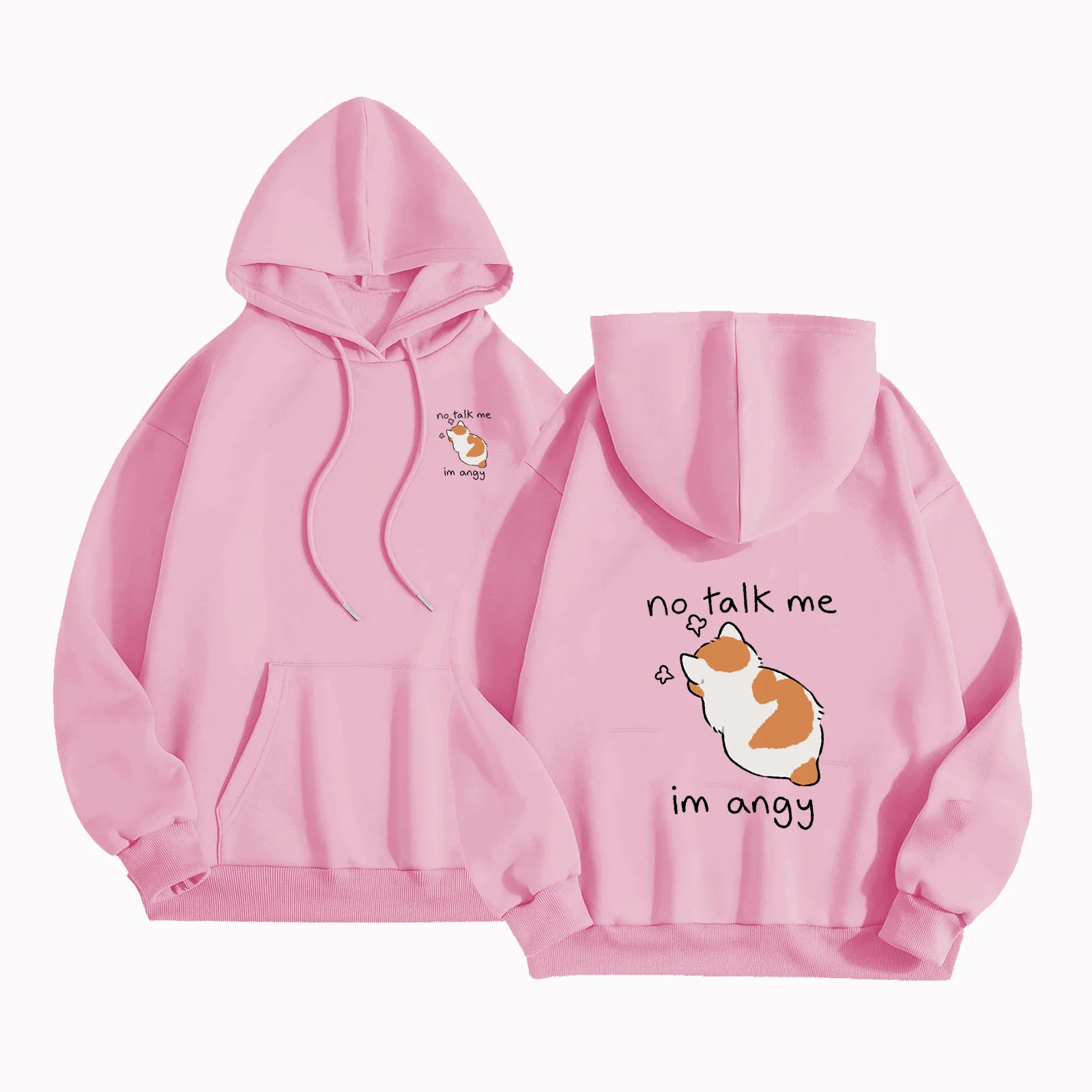 Cute cartoon angry cat print women's hoodie hip-hop soft hoodie casual wool pullover oversized wool women's streetwear