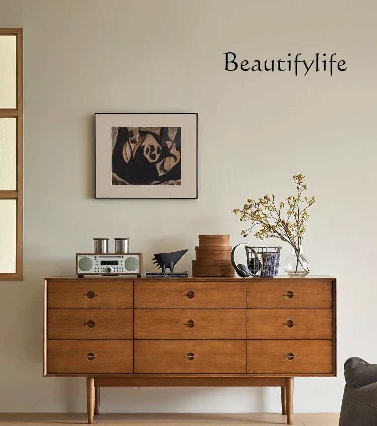 C Nordic Solid Wood Nine-chest Cabinet Retro Simple Locker Medieval Storage Side Cabinet Walnut Color