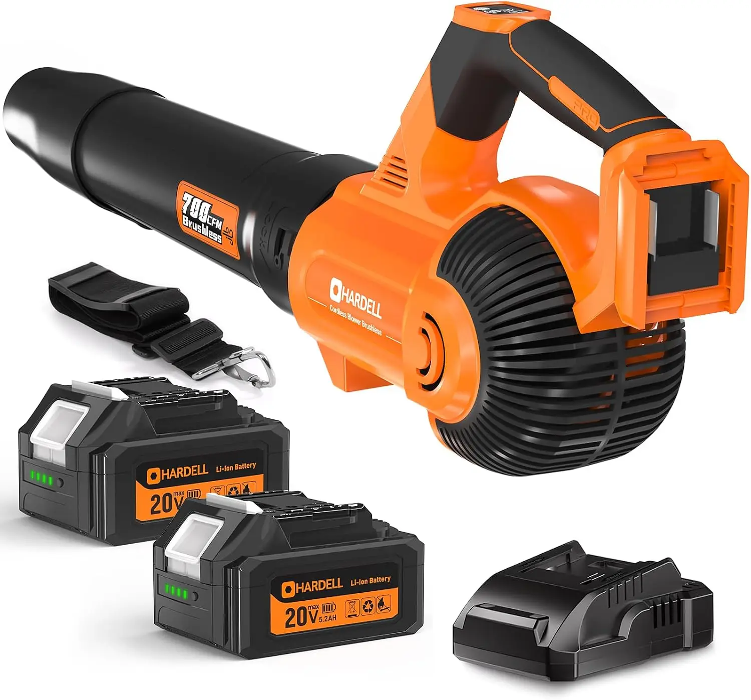 Cordless Leaf Blower, 200 MPH, 700 CFM, Includes Charger and 2 x 5.2Ah Batteries