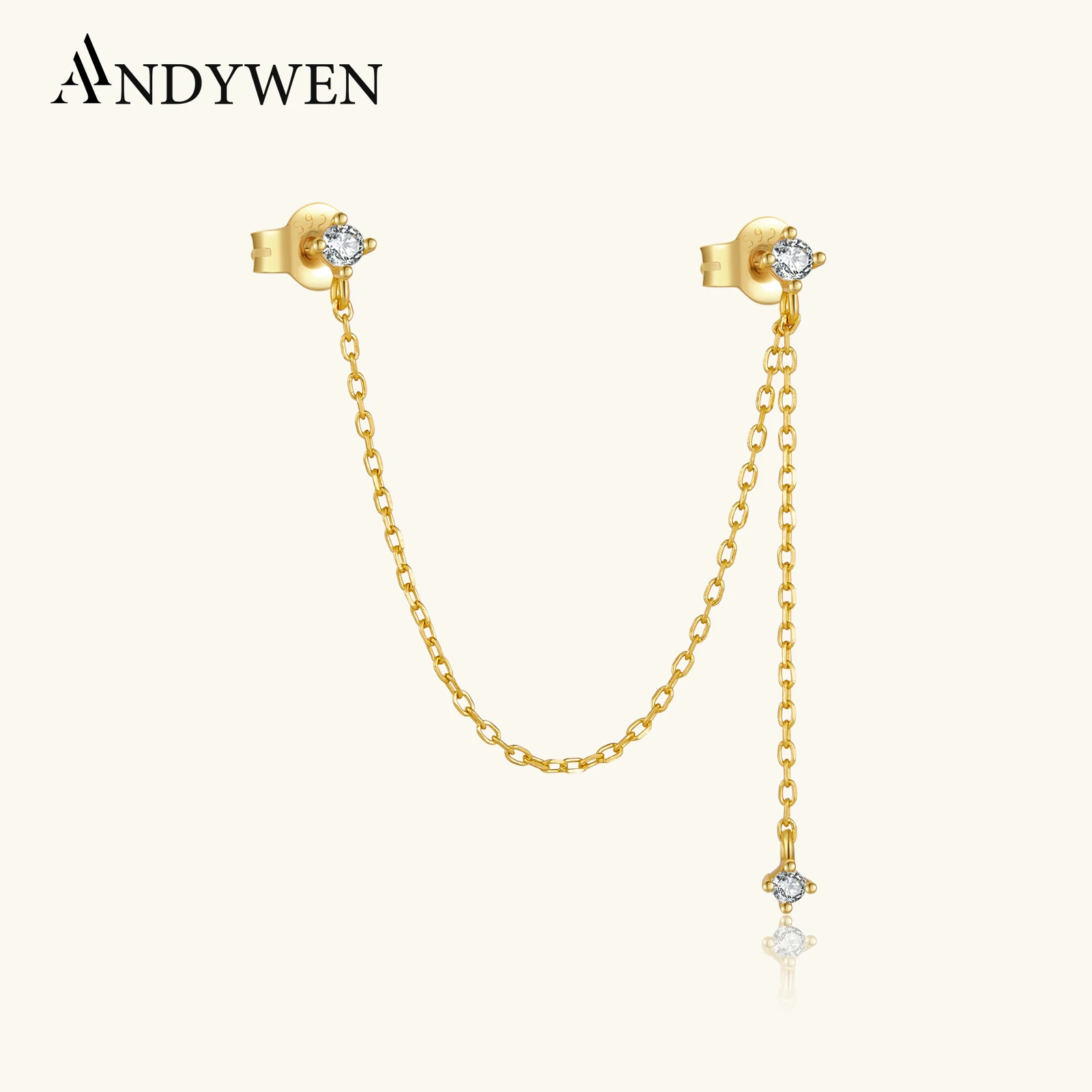 

ANDYWEN 925 Sterling Silver Gold CZ Zircon Luxury Double Piercing Drop Earrings Long Chain for Women Trendy Party Jewelry Gift