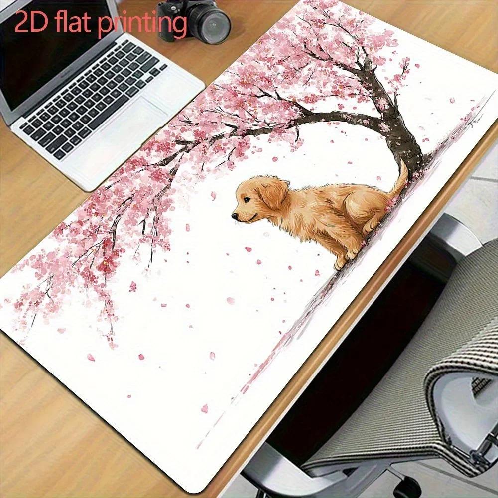 

1pc Extra Large Mouse Pad with Cute Golden Retriever & Cherry Blossom Design - Ergonomic, Washable, 2mm Thick, Ideal for Office