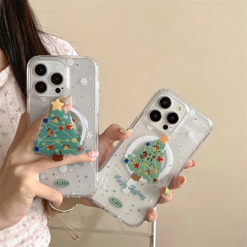 Cute Christmas Tree Magsafe Wireless Charge Phone Case For iPhone 13 14 15 16 Pro Max Christmas Tree Magsafe Cover Holder