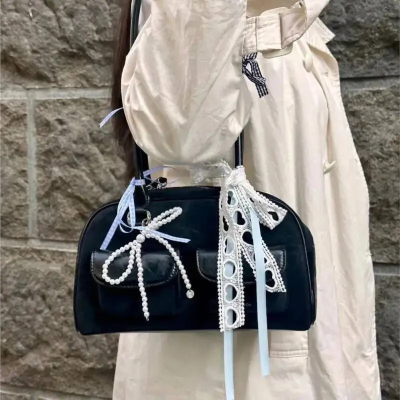 Bloom Vintage Black Bowling Handbag Women New Leather Pocket Chic Casual Shoulder Bags Female Retro Underarm Bag Aesthetic